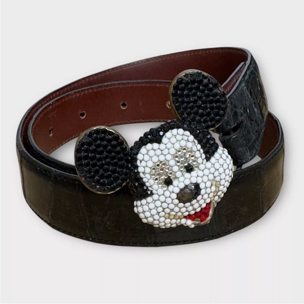 Disney Mickey Solid Brass Rhinestones Buckle W/ Reptilia Genuine Crocodile Belt
